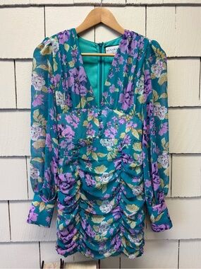 Runaway the Label Euphoric Mini Dress Ruched Skirt Long Sleeve Floral Green S
